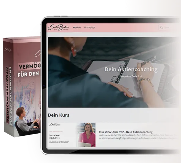 Macbook und DVD Verpackung, die den Onlinekurs und die Masterclasses von Investiere DichFrei zeigen
