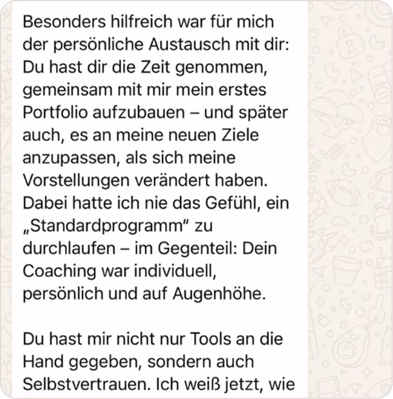 Eine Whatsapp-Nachricht mit positivem Feedback über Blockchain Ladies von Investiere Dich Frei
