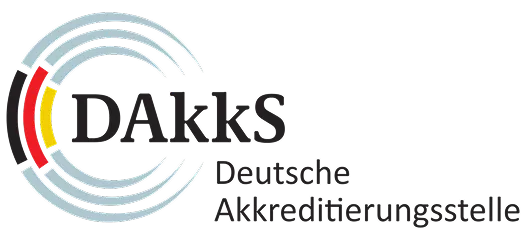 DAkkS Schriftzug mit deutschen Nationalfarben und Kreiselementen, Deutsche Akkreditierungsstelle