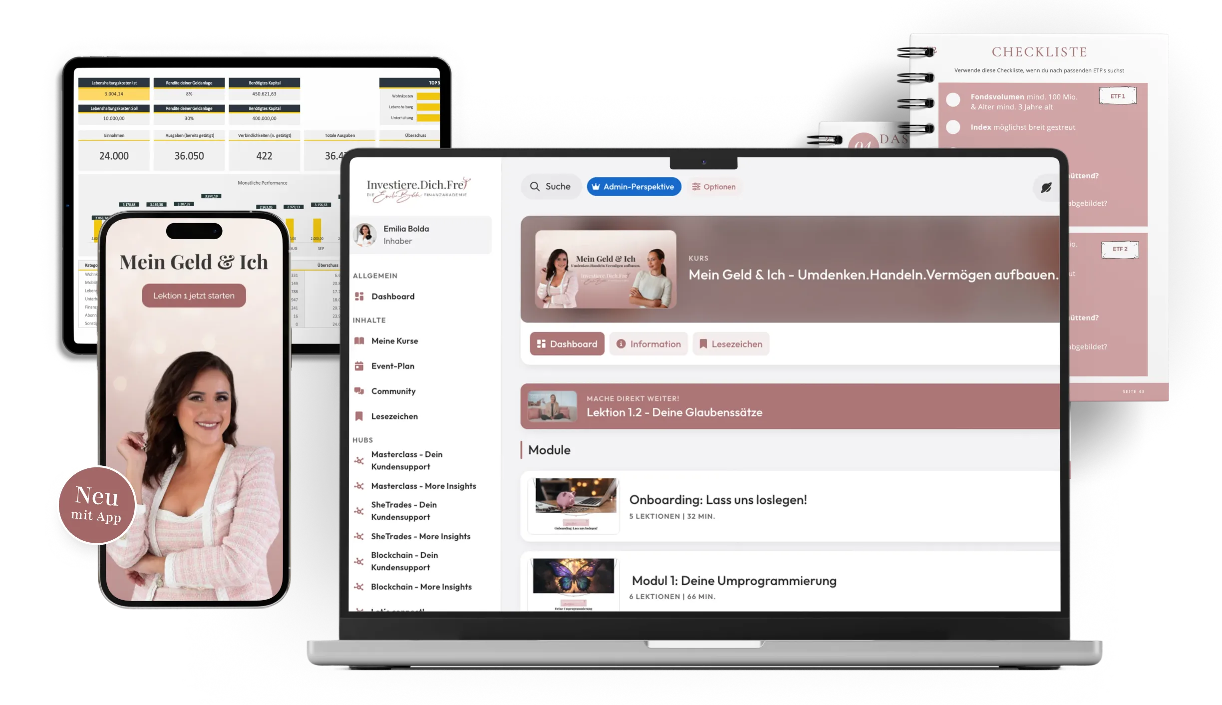 Digitale Finanzlernplattform 'Mein Geld & Ich' angezeigt auf Smartphone und Laptop, mit Kursinhalten und Checkliste im Hintergrund.