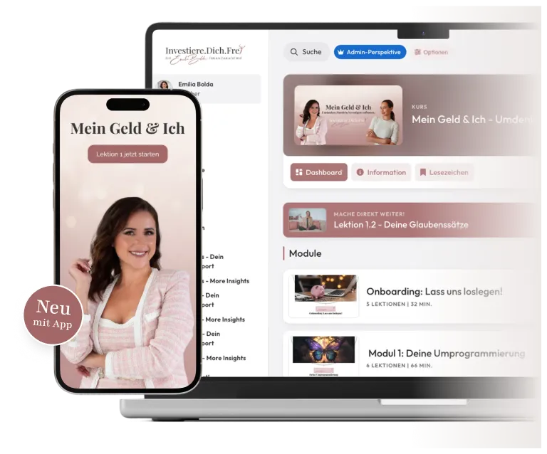 Smartphone und Laptop zeigen eine Finanzkursplattform mit dem Kurs 'Mein Geld & Ich', inklusive Modulübersicht und Lerninhalten.