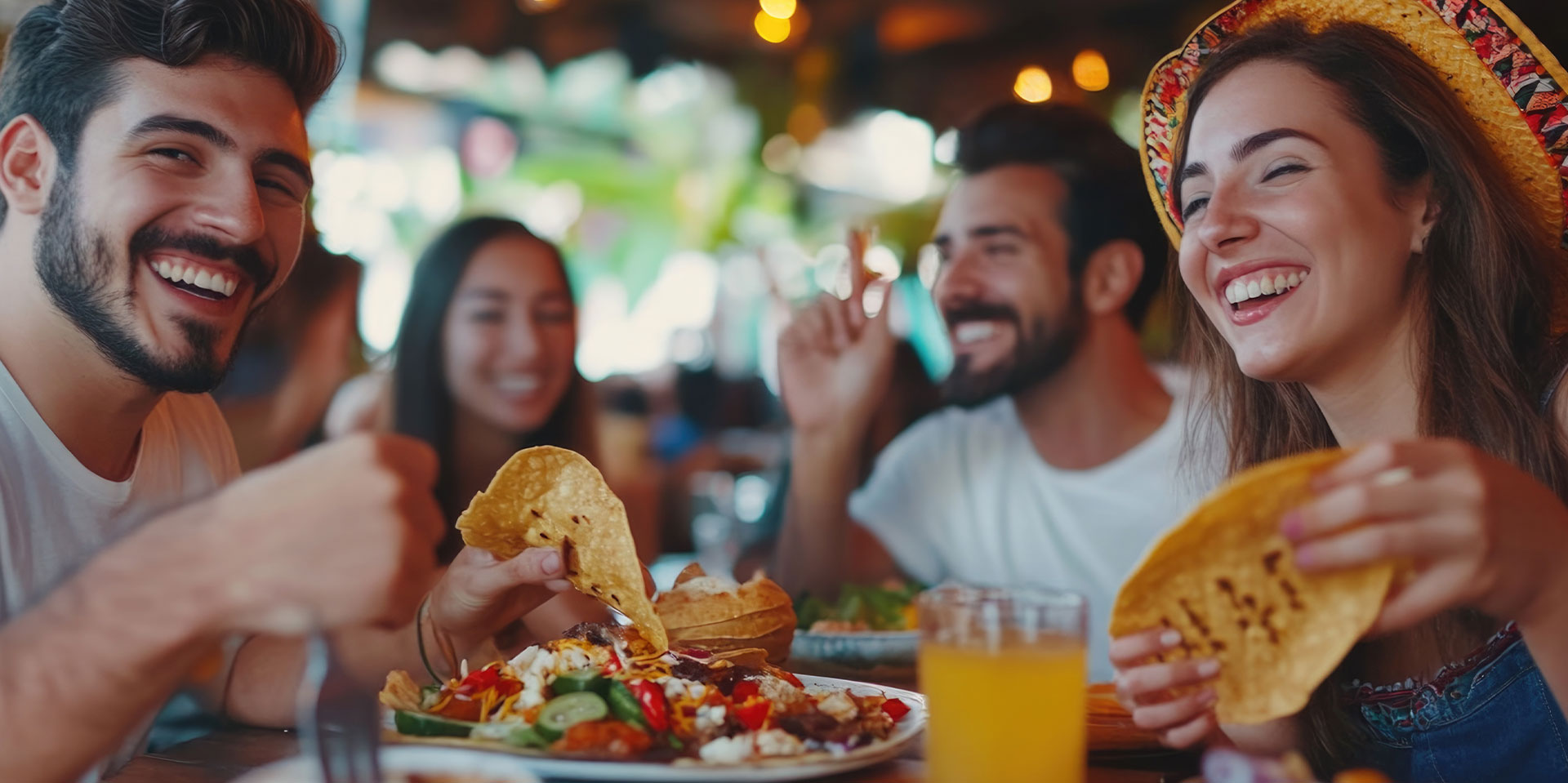 Four friends smiling and enjoying Mexican food with nachos and tacos at a lively restaurant.