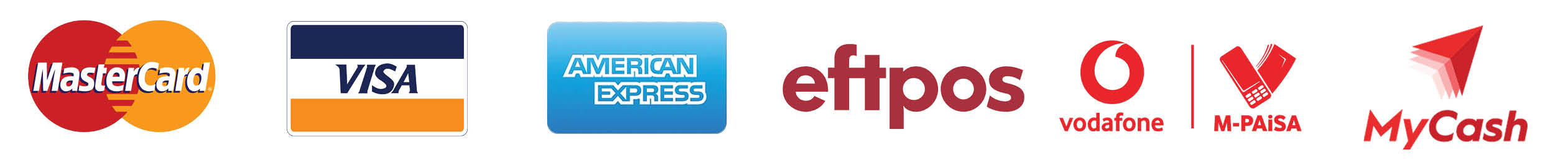 Logos of payment methods including MasterCard, Visa, American Express, eftpos, Vodafone, M-PAiSA, and MyCash.