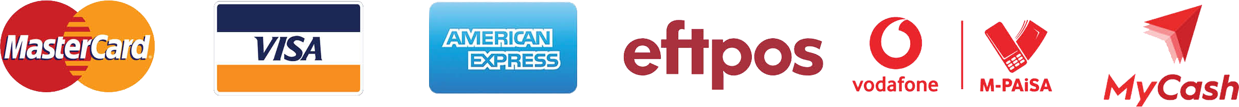 Payment method logos including MasterCard, Visa, American Express, eftpos, Vodafone, M-PAISA, and MyCash.