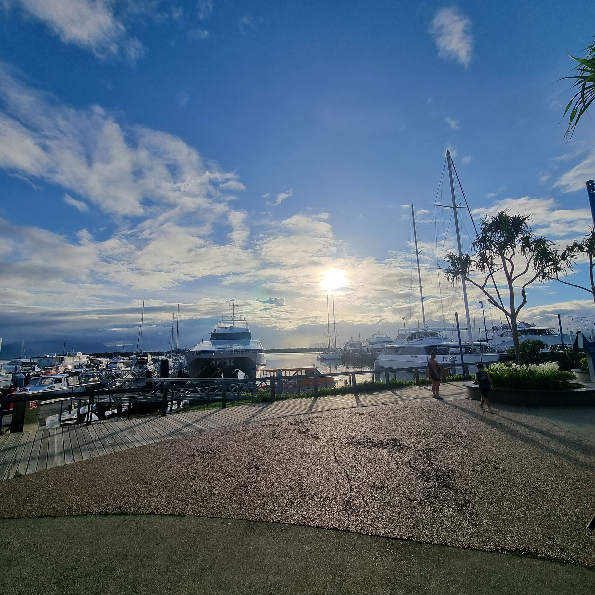 Sunset view of a marina with boats docked, a clear sky with scattered clouds, and two people standing near trees on the paved walkway.