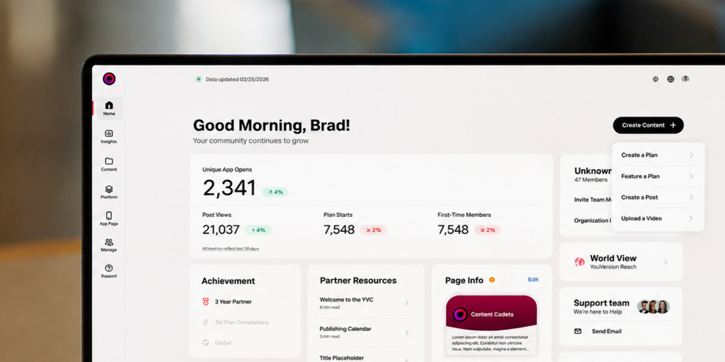 YouVersion Connect dashboard showing Church Page metrics and Create Content menu
