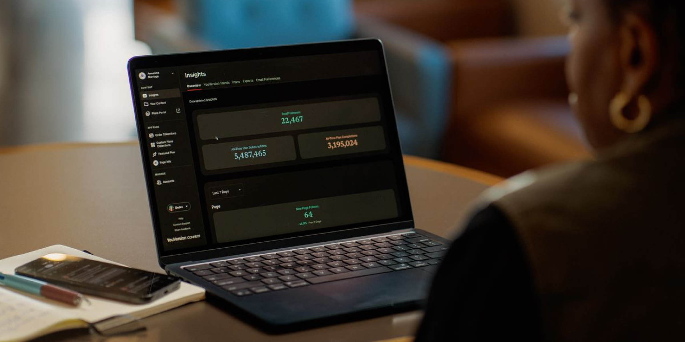 Laptop showing YouVersion Connect Insights metrics for church engagement