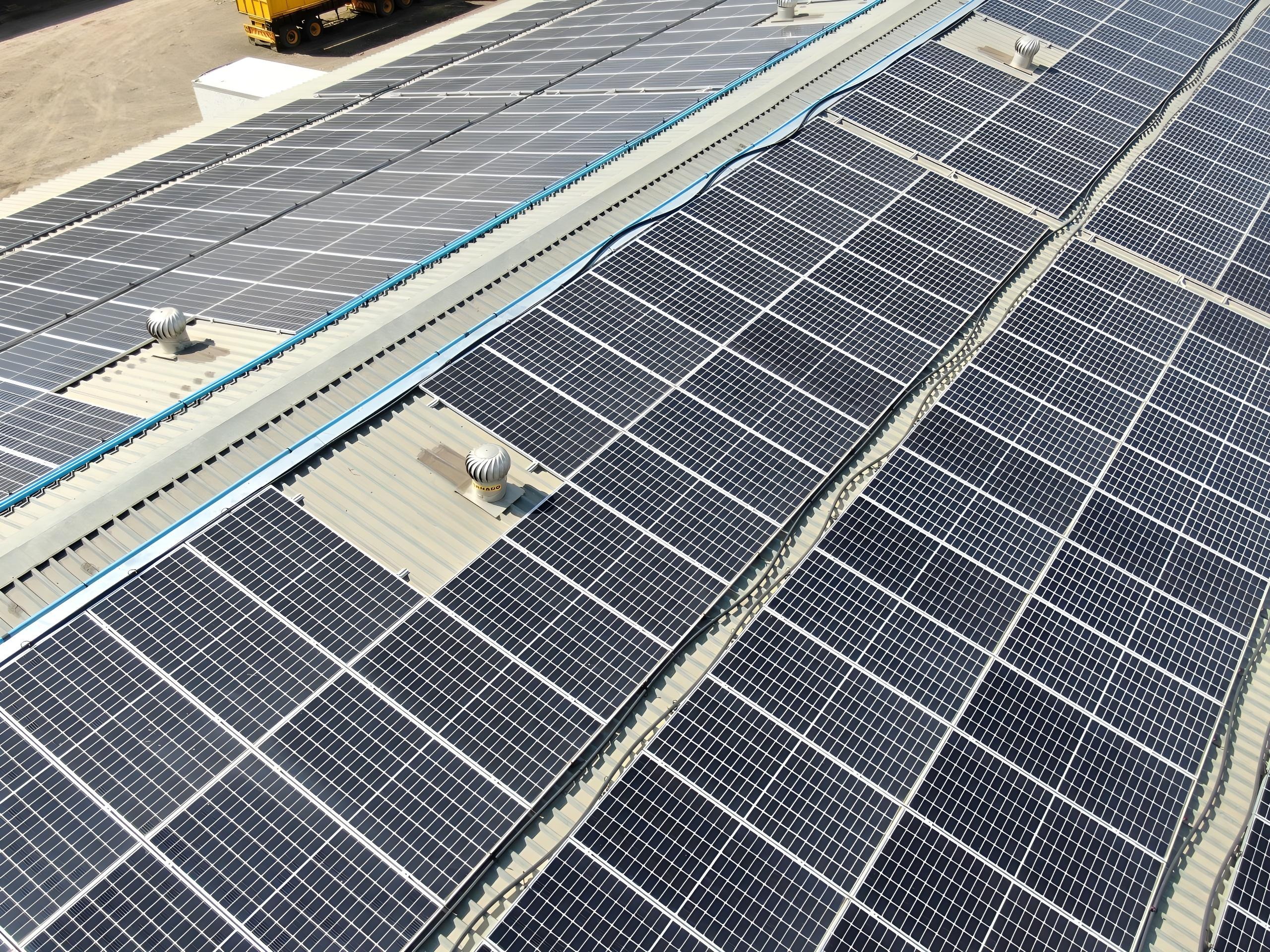 Close view of solar panels on the Bracken Timbers sawmill roof