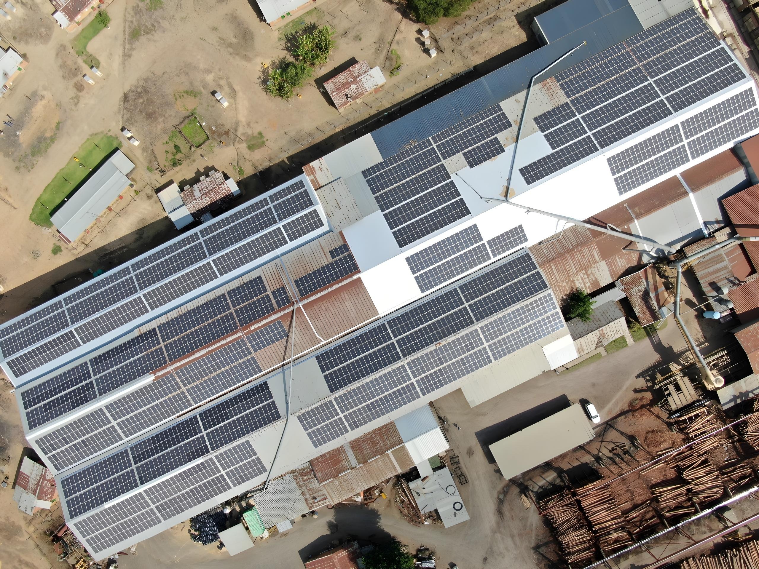 Aerial view of solar panels across the Bracken Timbers sawmill roof