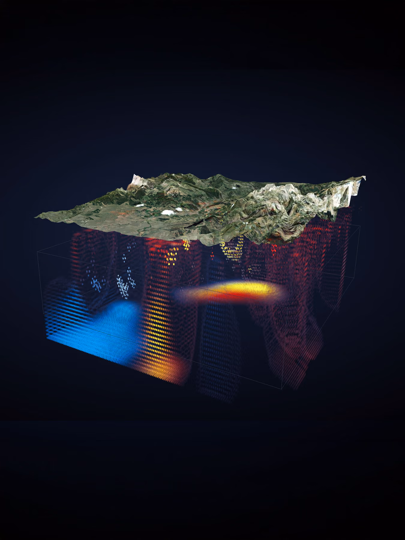 3D landscape map above a transparent box showing colorful heatmap data underneath.