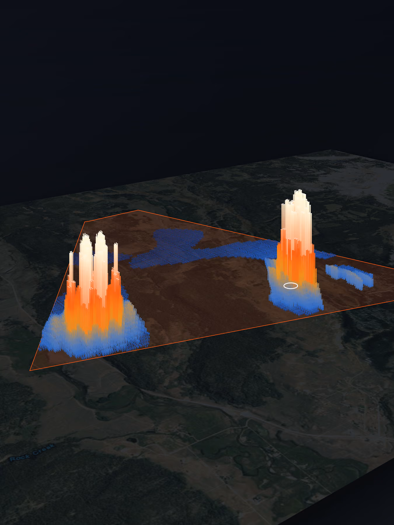 3D heatmap on landscape showing two high-intensity clusters with orange, red, and white bars.