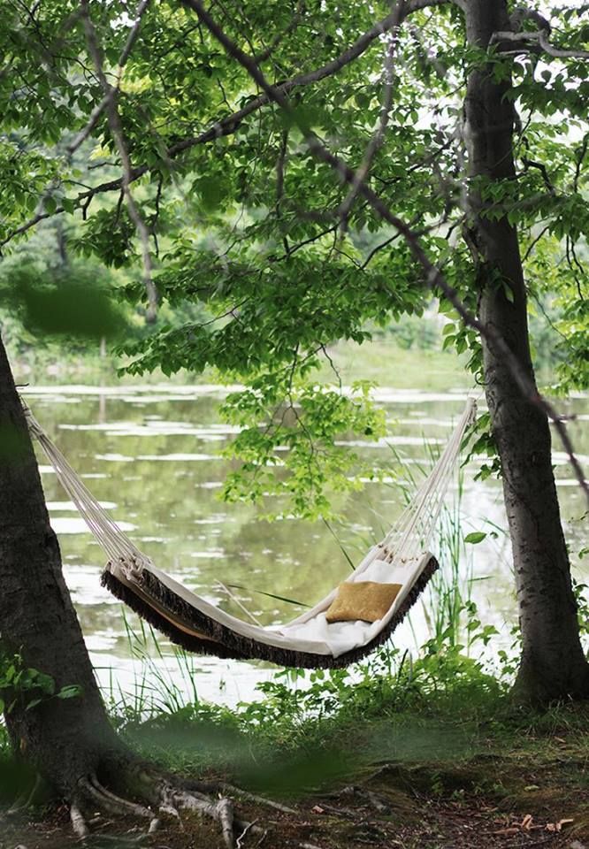 White hammock with a cushion hanging between two trees by a calm river surrounded by greenery.