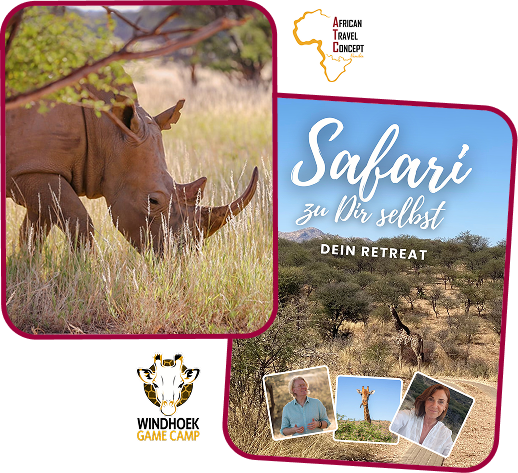 Collage with a close-up of a rhinoceros grazing in tall grass, text 'Safari zu Dir selbst Dein Retreat', a savannah landscape with giraffes, and three portraits of people, with logos for African Travel Concept and Game Camp.