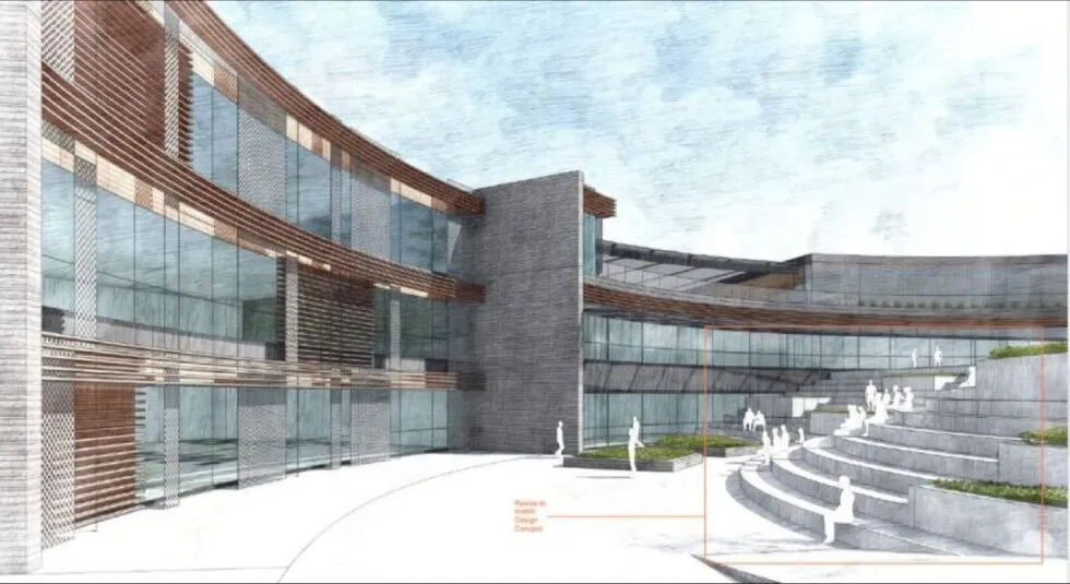 Architectural rendering of a modern curved building with large glass windows and tiered outdoor seating with human figures.