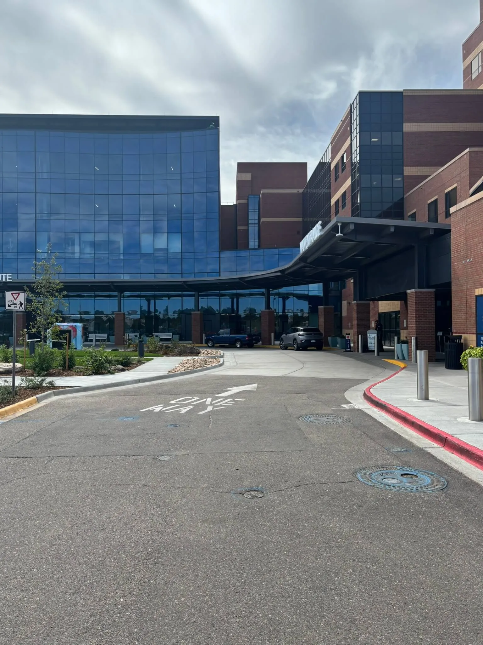 Entrance of a modern hospital building with blue glass facade, red brick sections, cars parked near the entrance, and a driveway marked with a one-way arrow.