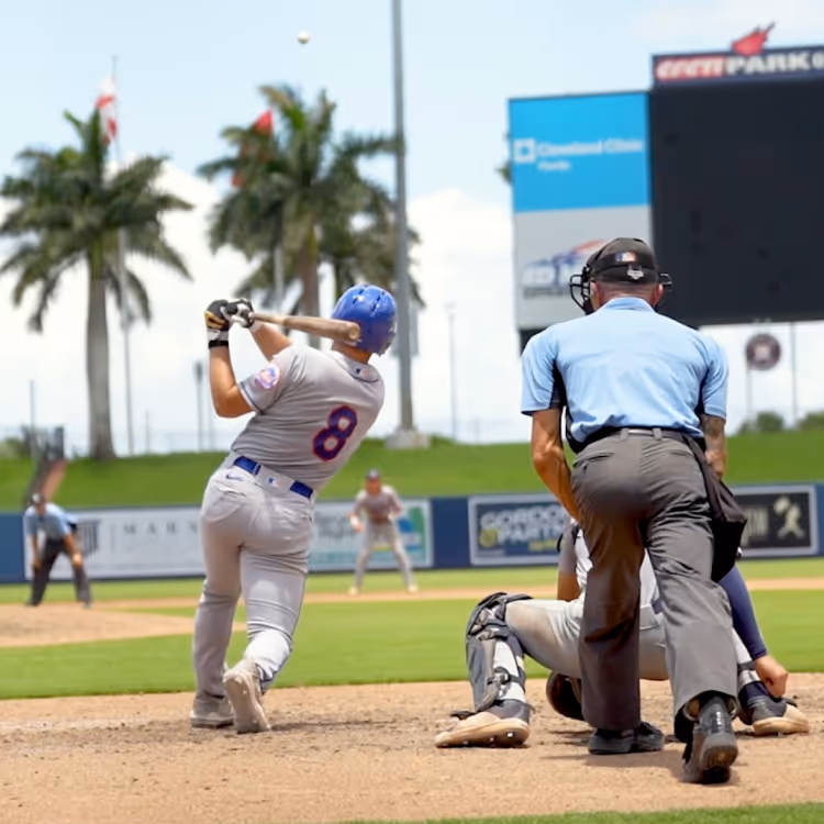 baseball player after swinging his bat looking where the ball has gone