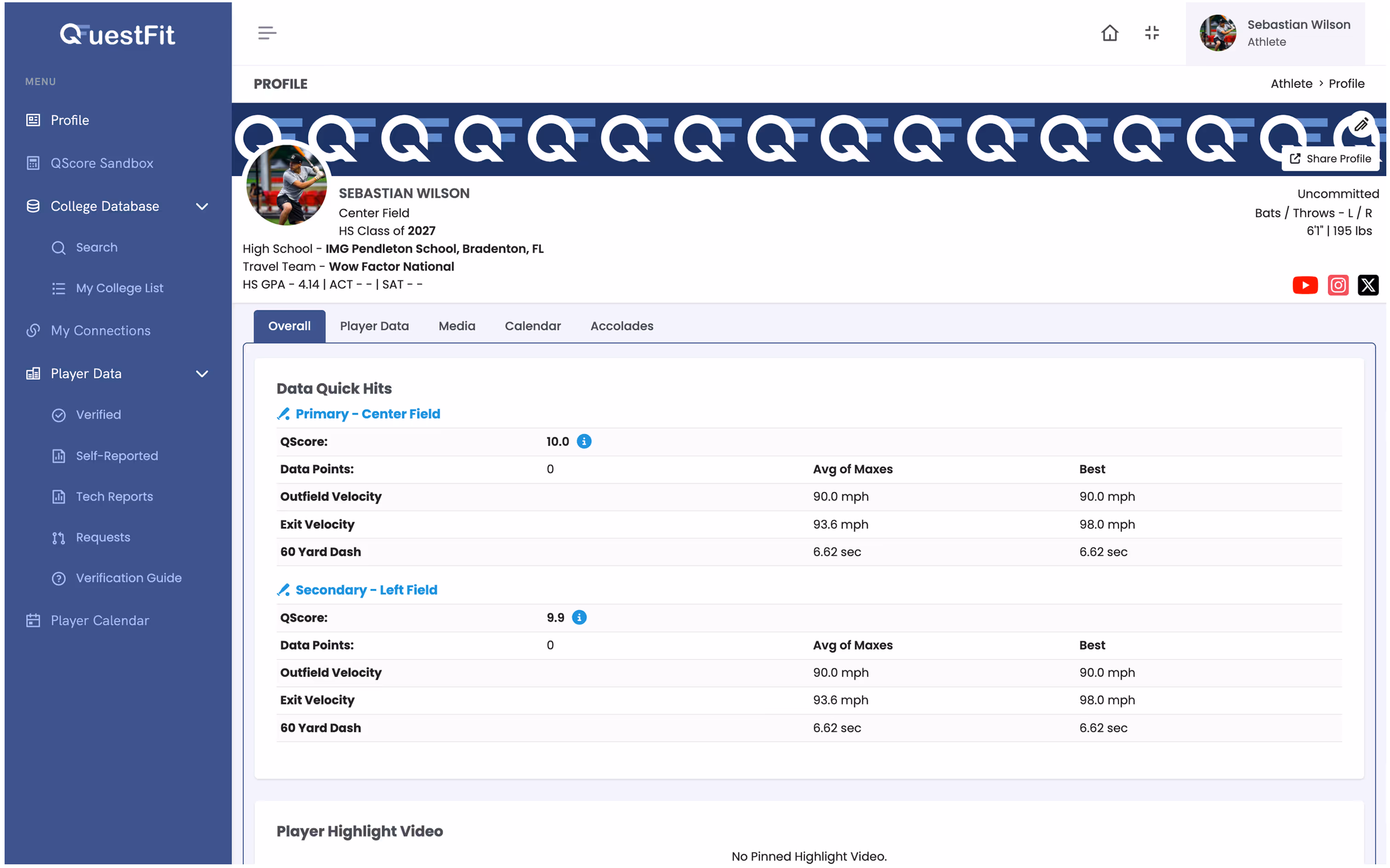 QuestFit demo player profile