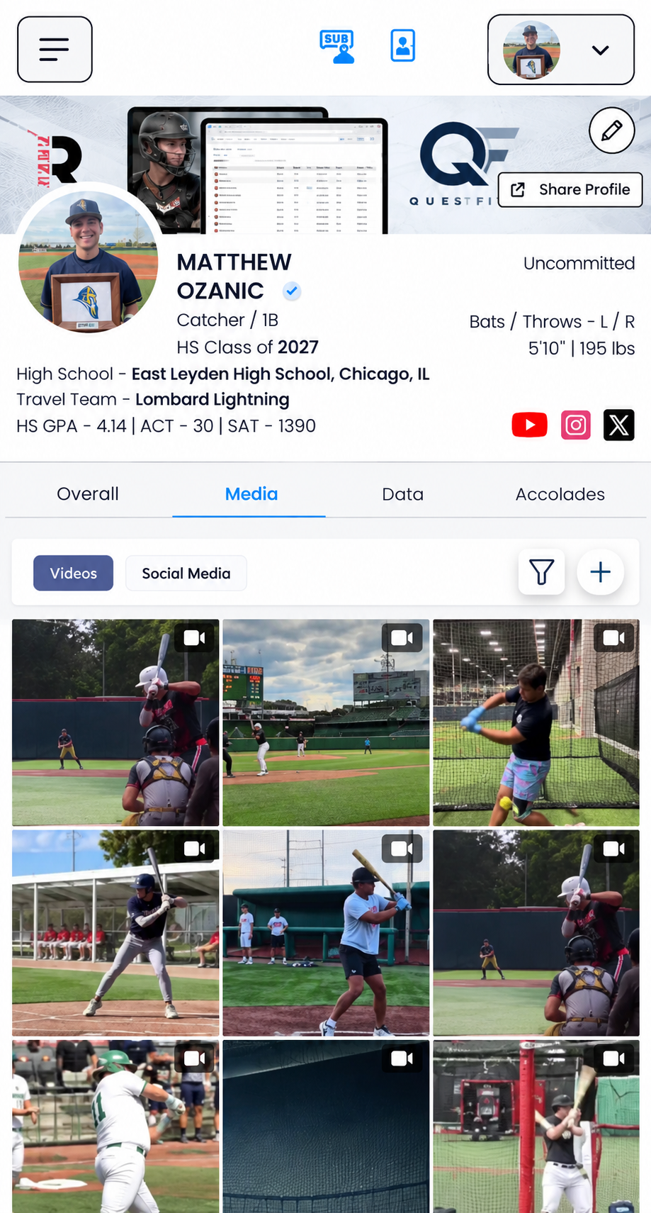 QuestFit player profile Media tab with video library