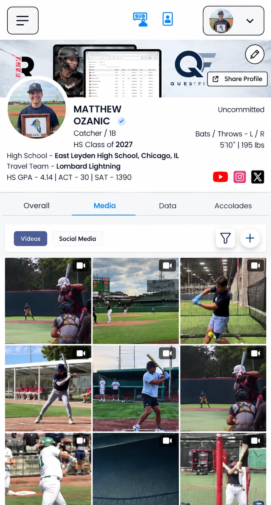 QuestFit player profile Media tab with video library