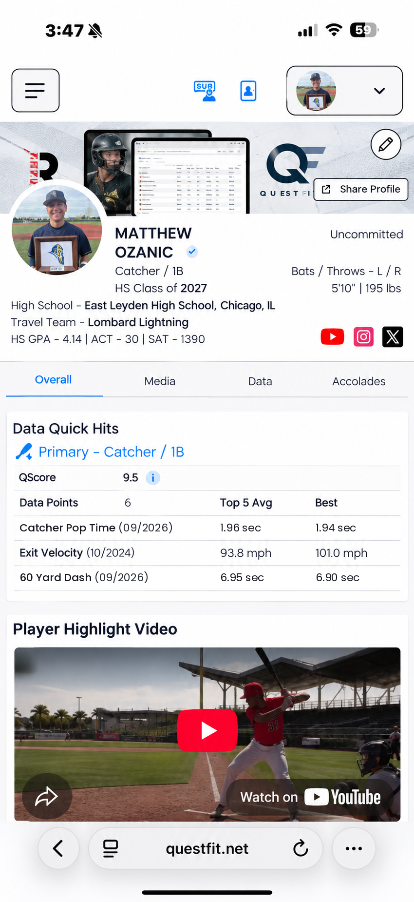 QuestFit player profile with Data Quick Hits, Q-Score, and highlight video