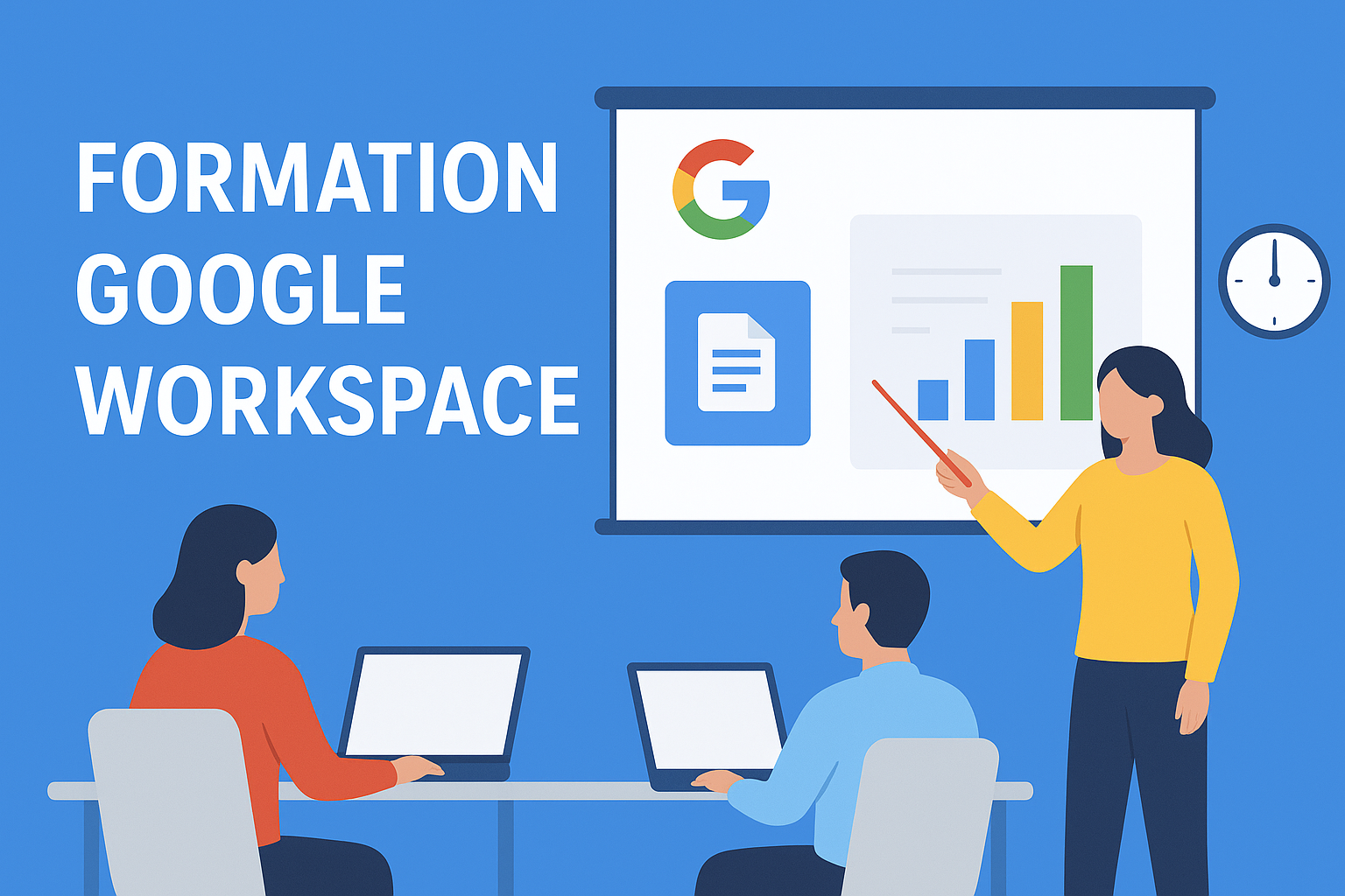 Une personne montrant sur un tableau, à 2 personnes assise devant leurs ordinateurs, différents éléments graphique relatif aux outils de googles