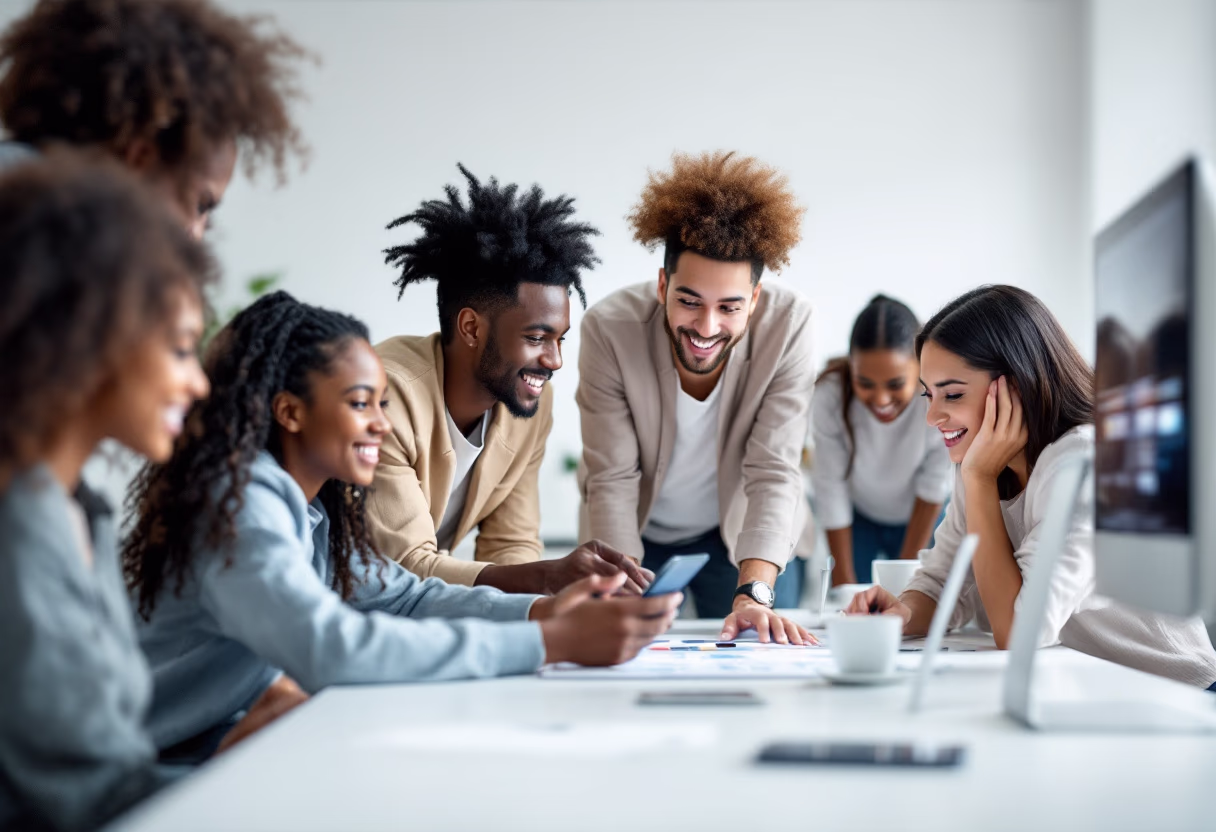 une équipe sur le même bureau regardant un ordinateur