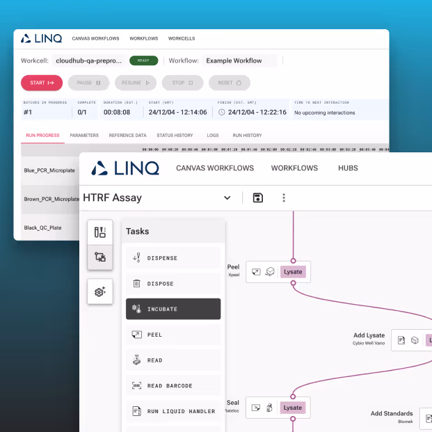 Screenshot of LINQ Canvas Workflows interface showing a workflow named Example Workflow with task options like dispense, dispose, incubate, peel, and read, highlighting lysate steps connected in the workflow diagram.