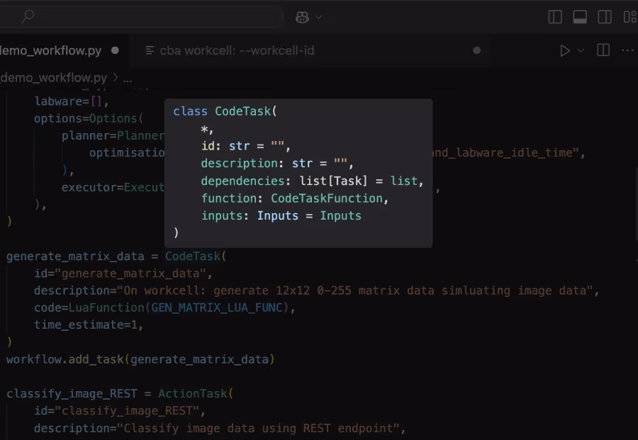 Python code snippet defining a CodeTask class with attributes id, description, dependencies, function, and inputs written in a code editor.