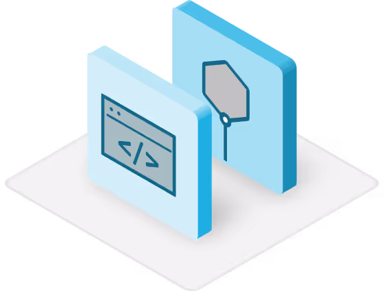 Isometric illustration of two blue panels, one showing a code window with </> symbols and the other showing a workflow flowchart icon.