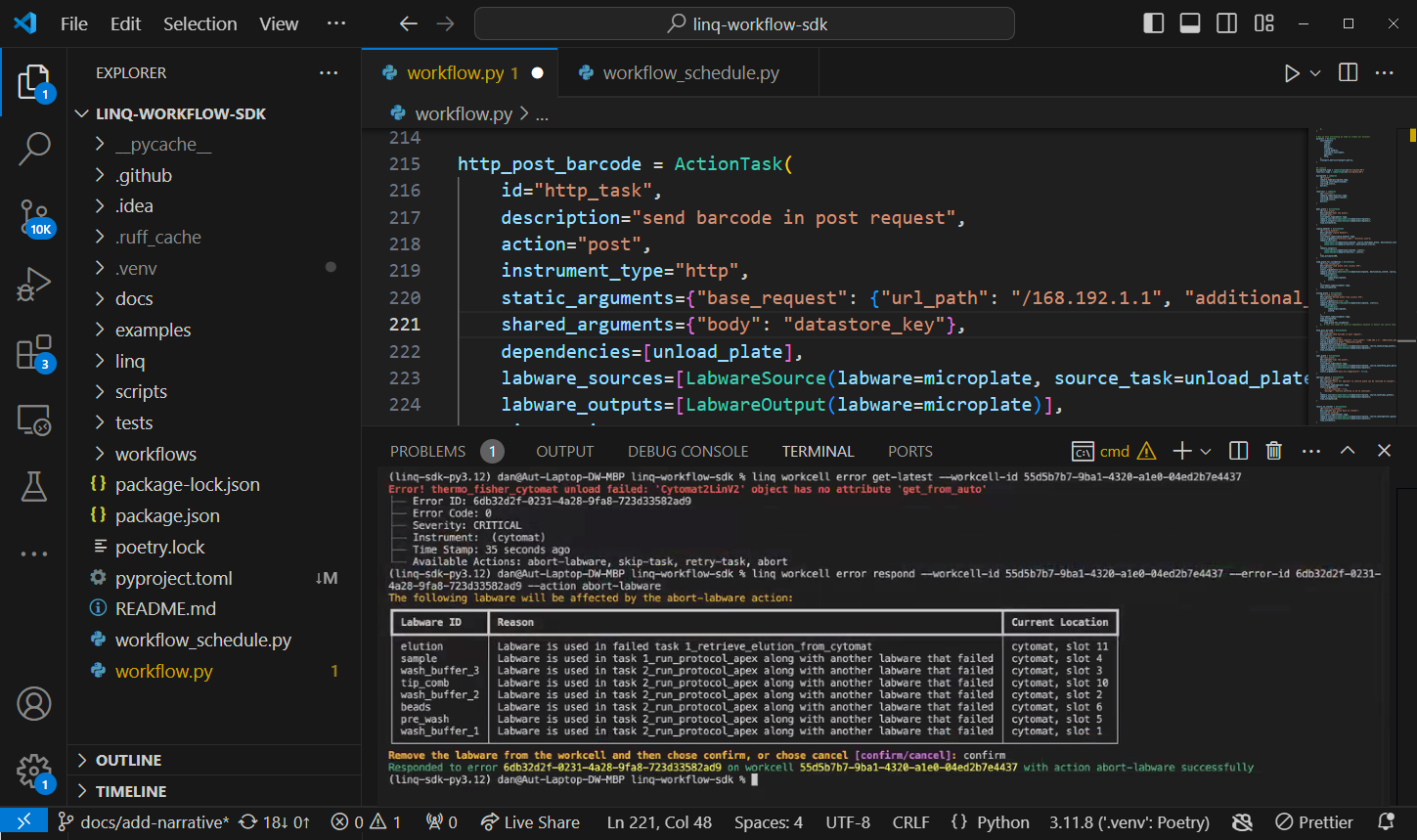 Visual Studio Code window showing Python code defining an http_post_barcode ActionTask with parameters and a terminal displaying labware error messages related to a linq-workflow-sdk.