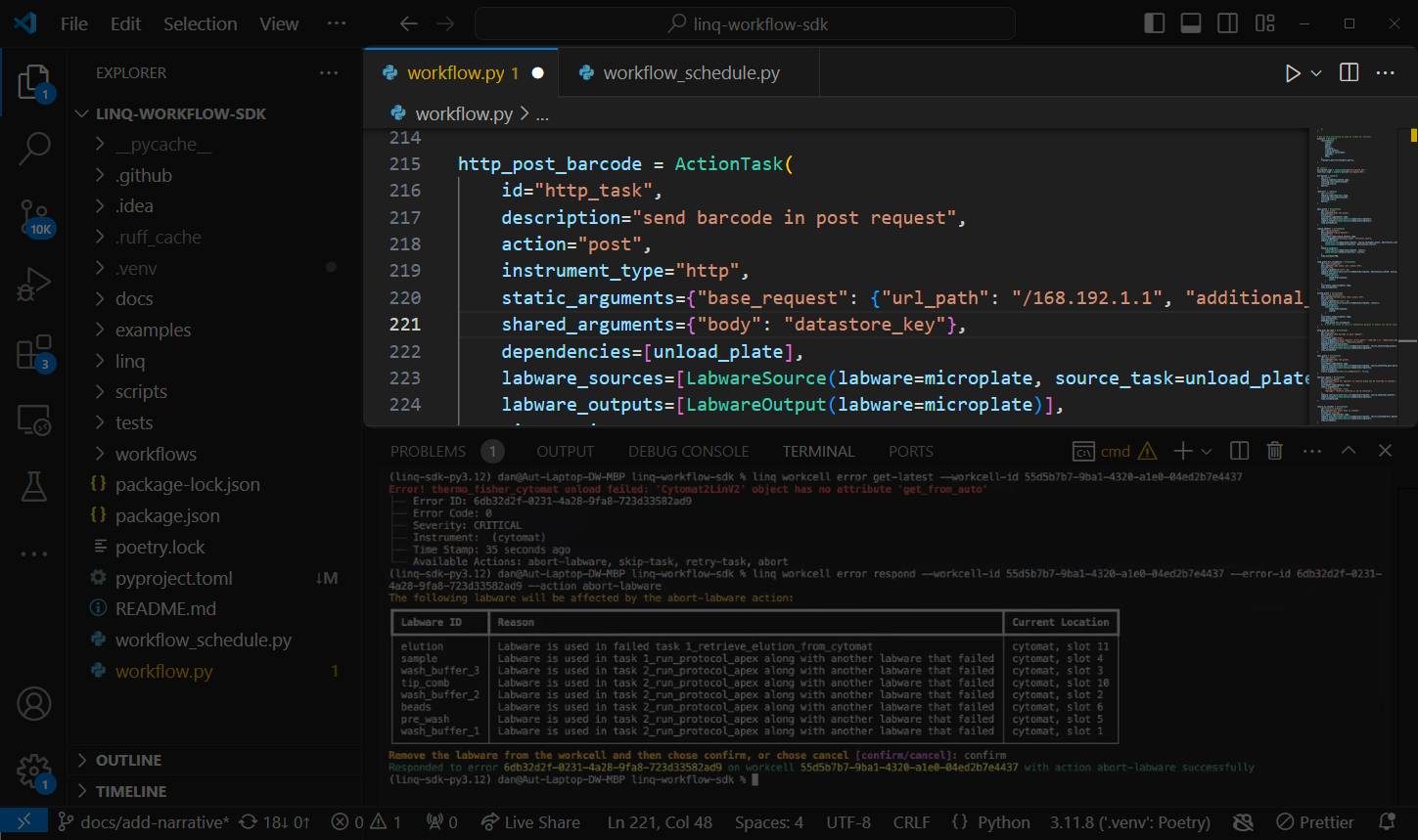 Visual Studio Code with Python script defining an HTTP post task and a terminal displaying a critical error related to labware in a workflow SDK.