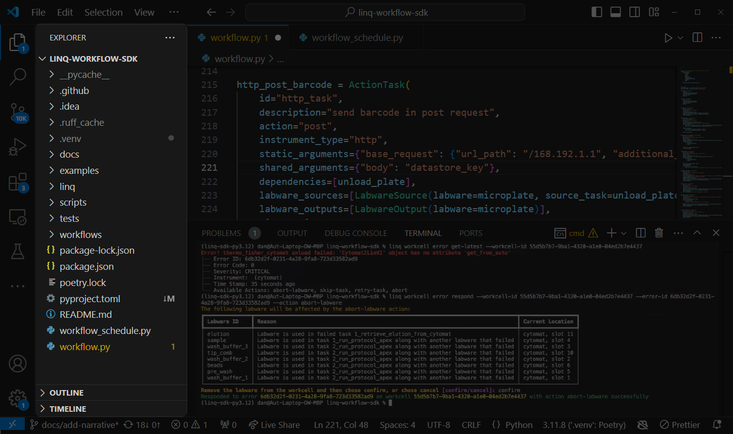 Visual Studio Code window showing Python code for an ActionTask called http_post_barcode and a terminal displaying a linQ workflow error with Labware dependency issues.