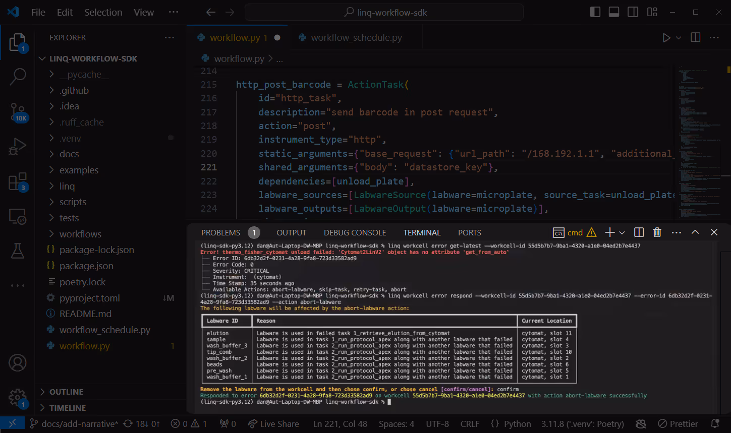 Visual Studio Code window showing Python code with a terminal displaying an error report and a table highlighting labware affected by an abort-labware action.