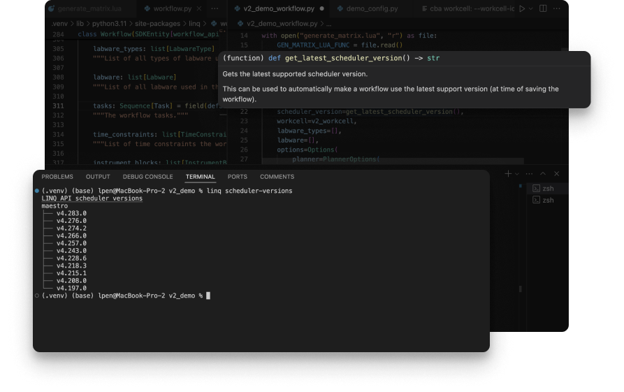 Computer screen showing code editor with Python function get_latest_scheduler_version and terminal listing LINQ API scheduler versions.