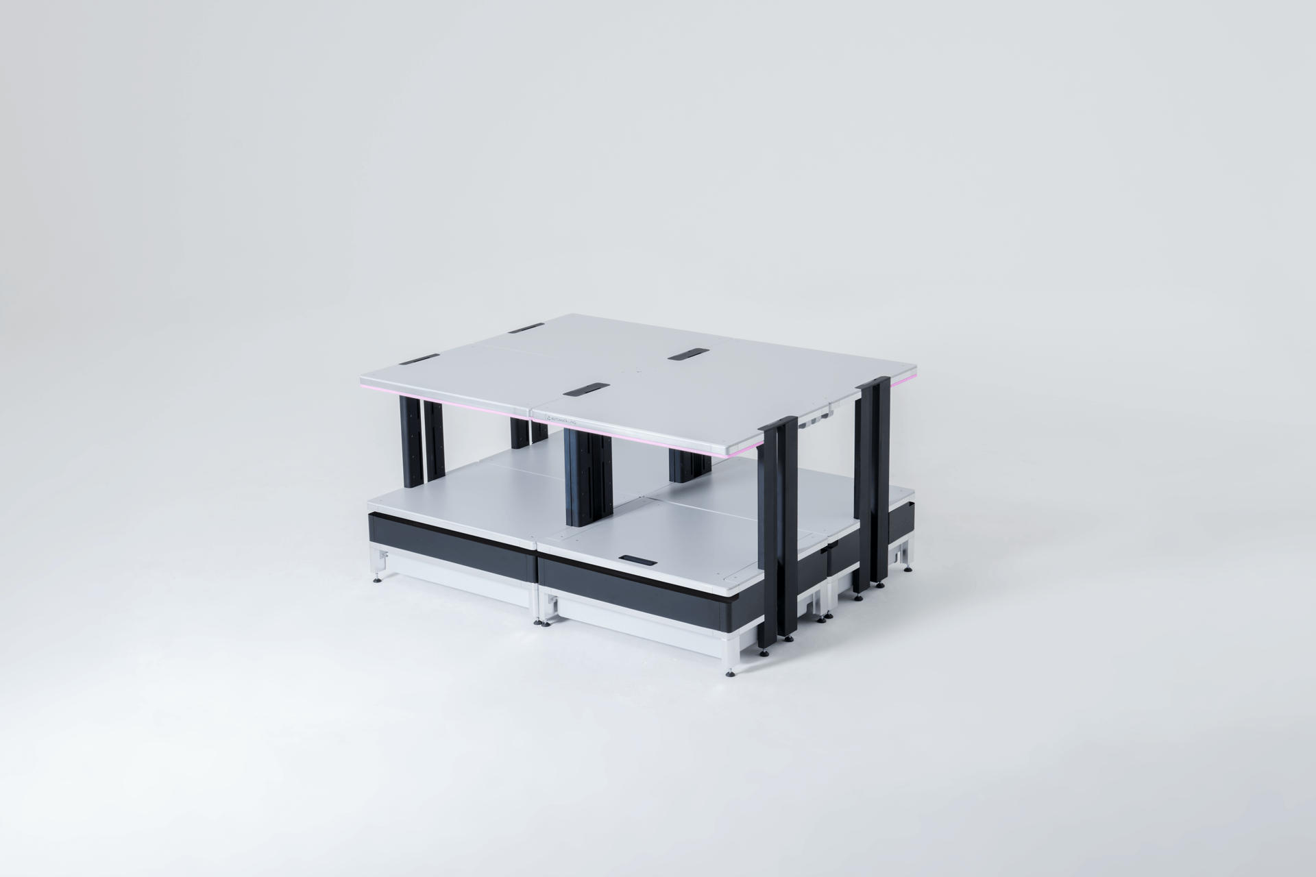 Modern modular industrial platform with multiple white flat surfaces supported by black vertical beams on a white background.