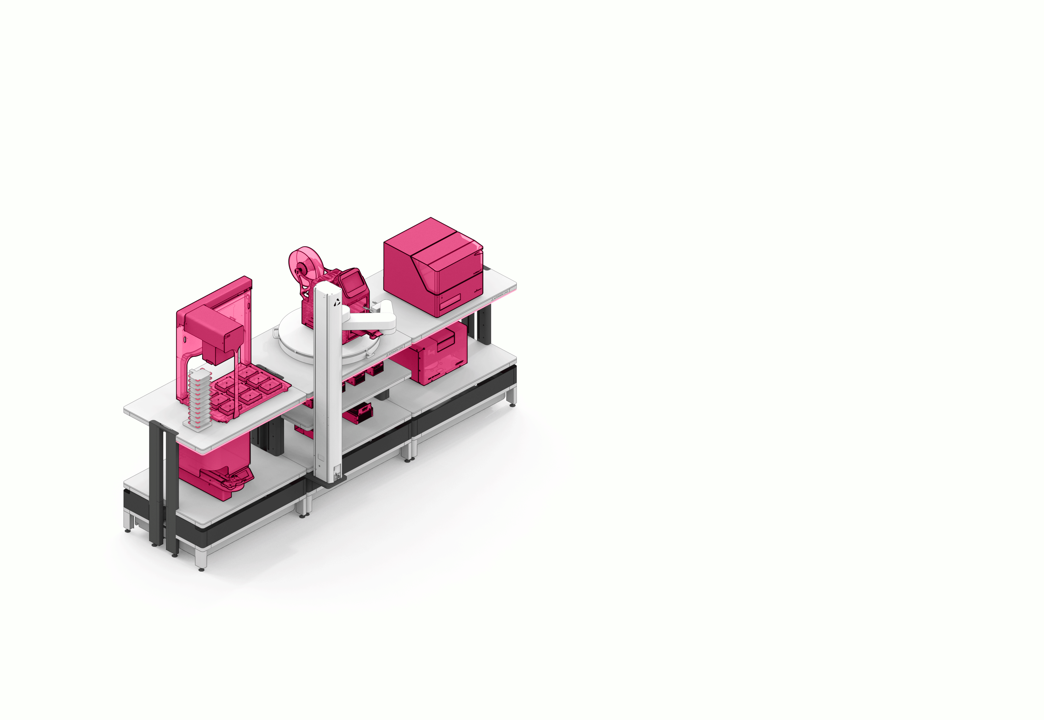 3D illustration of a modular industrial workstation with interconnected pink machines on a white and black table structure.