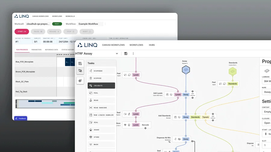 User interface of LINQ software showing workflow for HTRF assay with tasks menu and a visual workflow diagram connecting assay steps and standards.