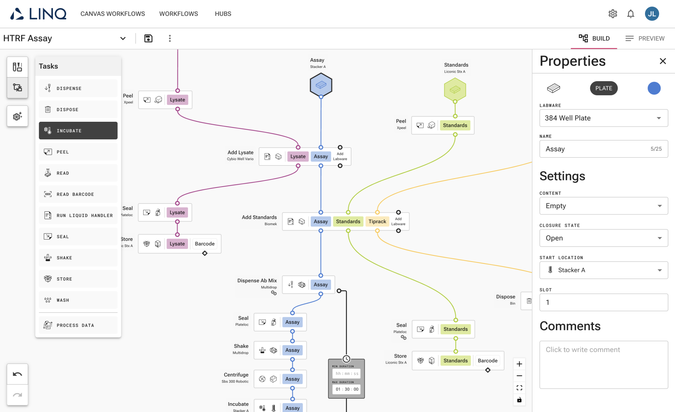 LINQ software interface showing a workflow for HTRF Assay with tasks like dispense, incubate, peel, and store connected between labware including Lysate, Assay, and Standards in a flowchart.