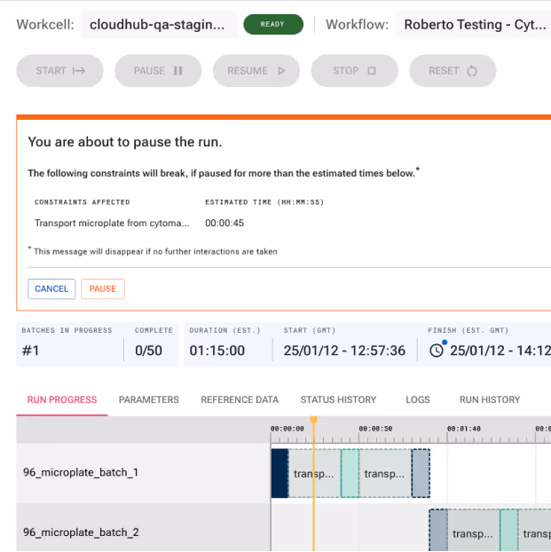 Software interface showing workflow pause warning indicating constraints will break if paused for over 45 seconds, with batch progress and timeline graph.