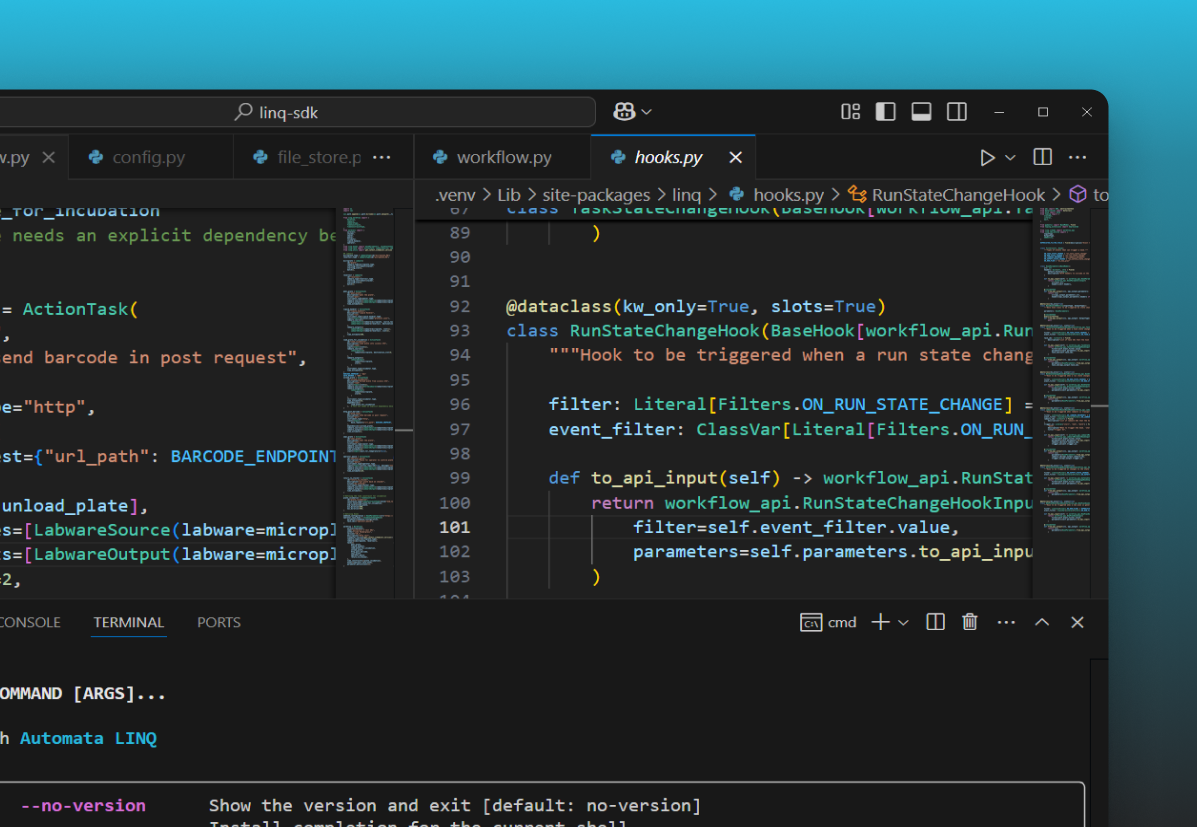 Code editor window displaying Python code with a class definition 'RunStateChangeHook' and terminal panel below showing a command for Automata LINQ.