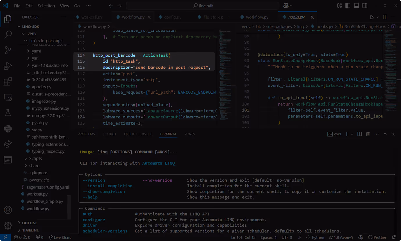 Dark-themed Visual Studio Code window displaying Python code for an HTTP post barcode action task and a terminal showing CLI usage for Automata LINQ.