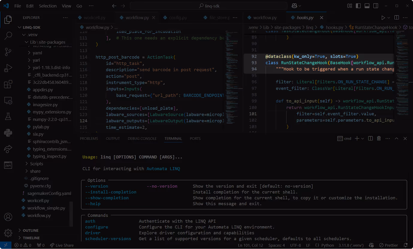 Visual Studio Code interface showing a Python project with workflow.py and hooks.py files open, and a terminal displaying CLI usage instructions for Automata LINQ.