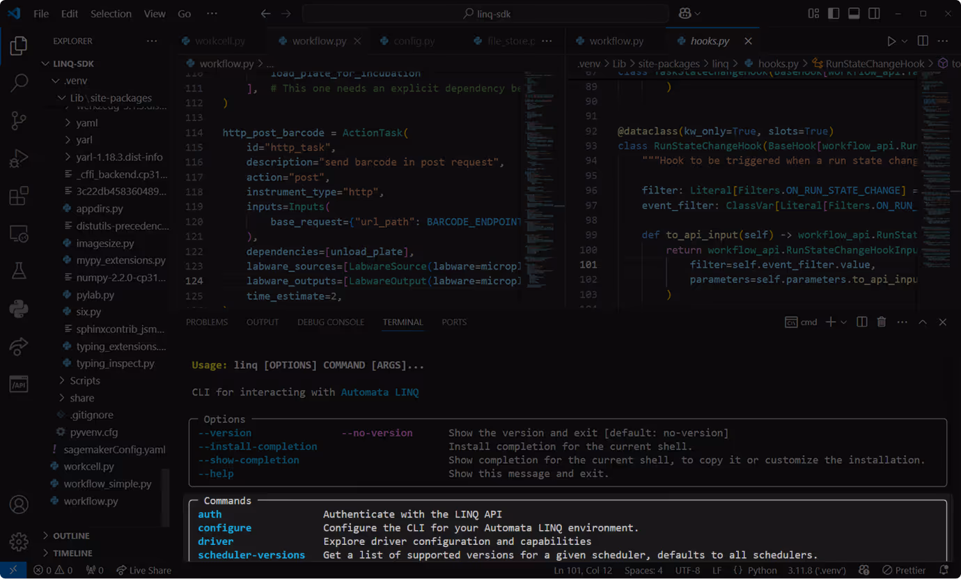 Visual Studio Code editor showing Python code on the left and a command-line interface terminal on the right with usage instructions for LINQ CLI commands.