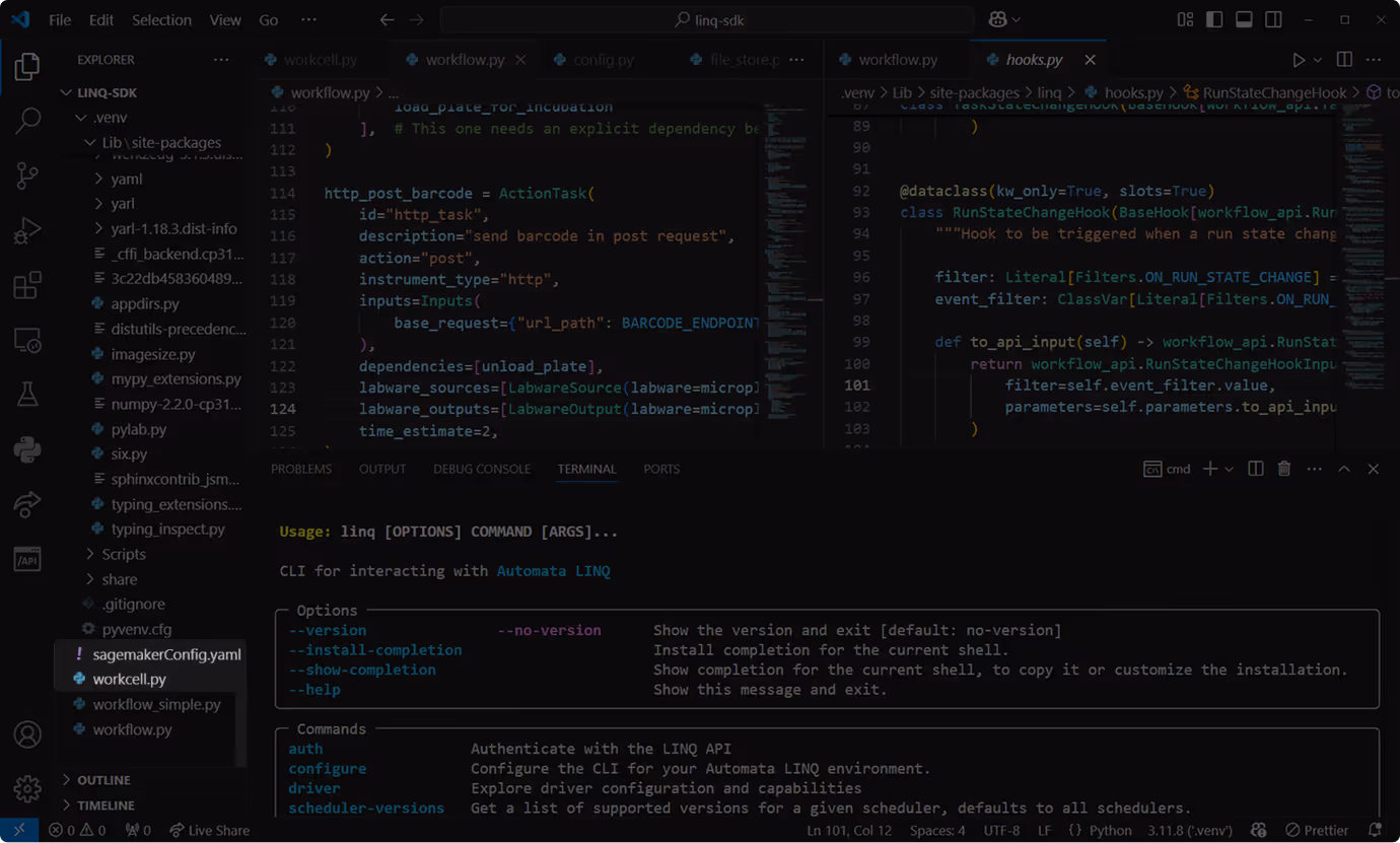 Visual Studio Code interface with Python project files on the left, code editor showing workflow.py and hooks.py files, and terminal displaying command line help for Automata LINQ CLI.