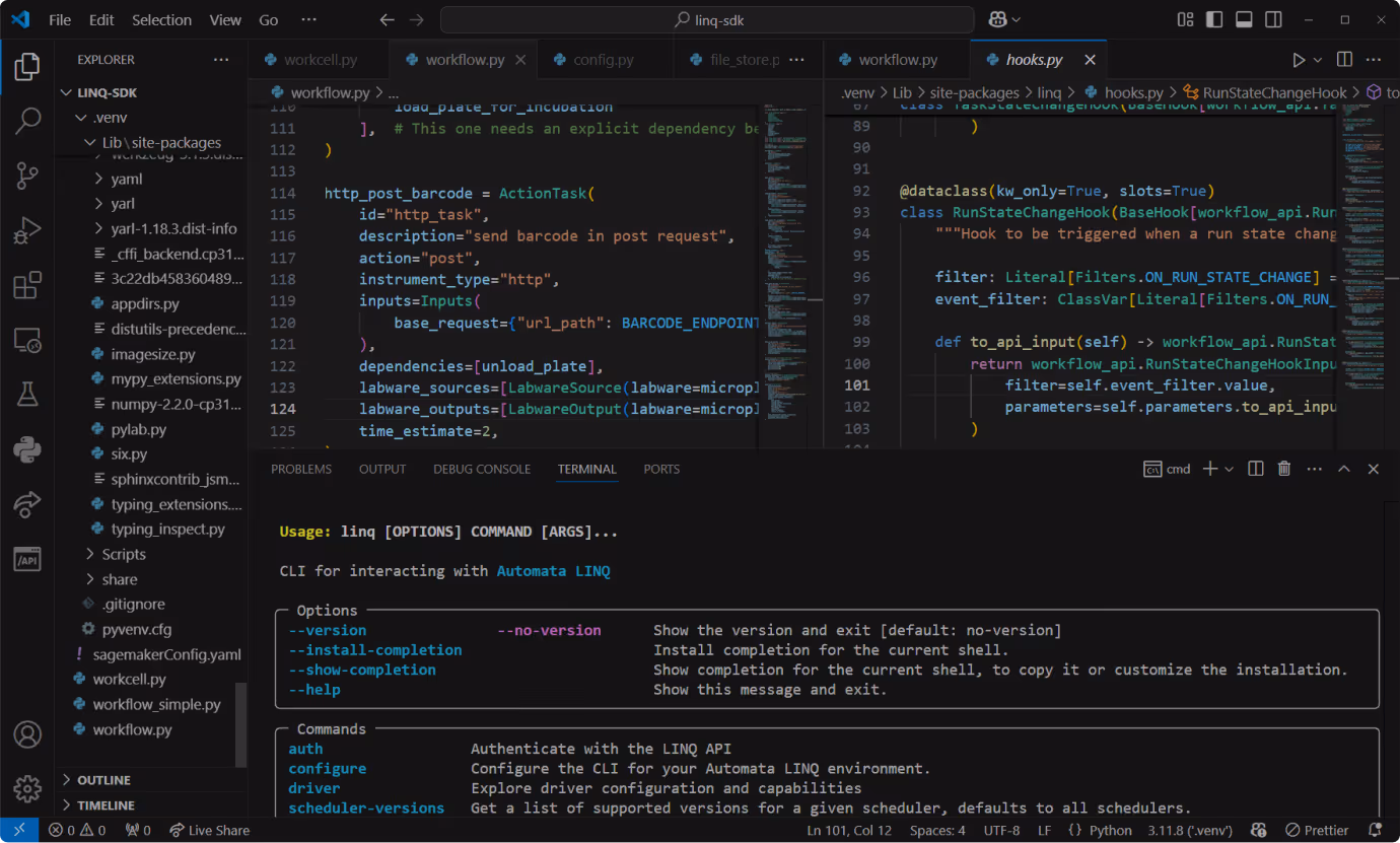 Visual Studio Code window showing Python code files in the LINQ-SDK project and a terminal with usage instructions for Automata LINQ CLI commands.