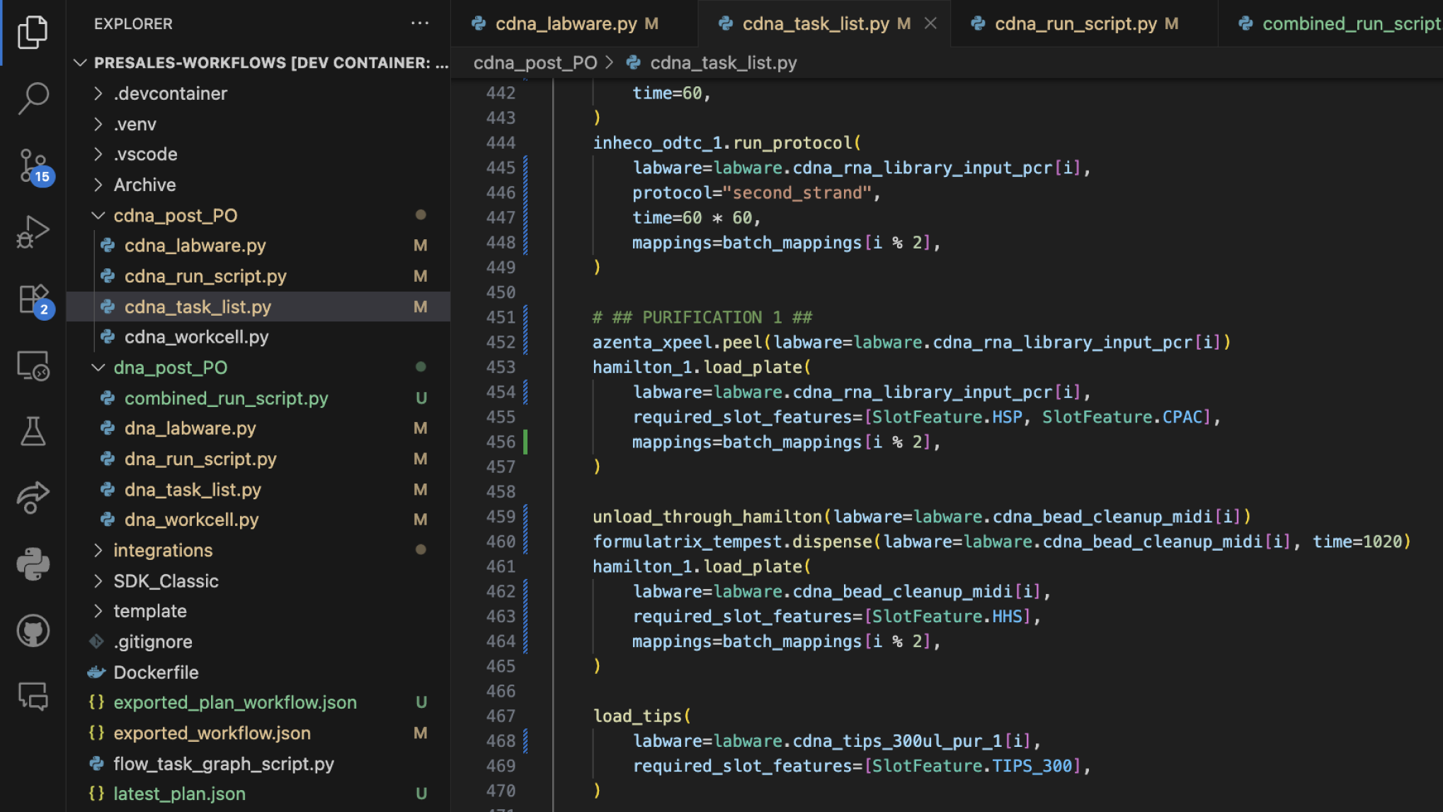 Visual Studio Code interface showing a Python project explorer with files and a partially visible Python script focused on labware protocol functions.