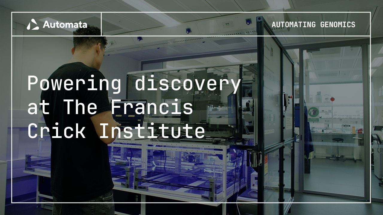 Person using a laptop in a laboratory next to a large automated scientific instrument under the title 'Powering discovery at The Francis Crick Institute.'