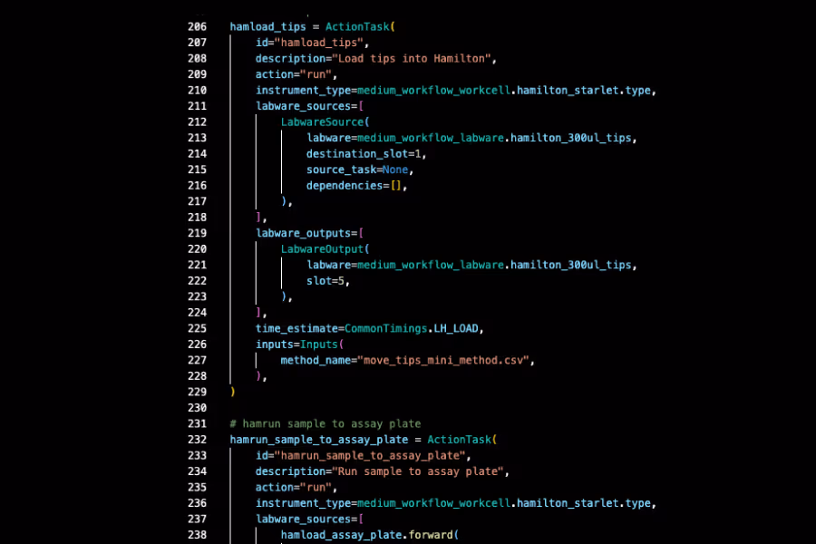 Screen showing Python code defining two ActionTask objects for loading tips and running samples on a Hamilton Starlet workcell with labware source and output specifications.
