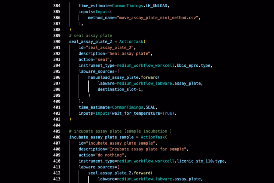 Code snippet defining tasks to seal and incubate an assay plate in a laboratory automation workflow.