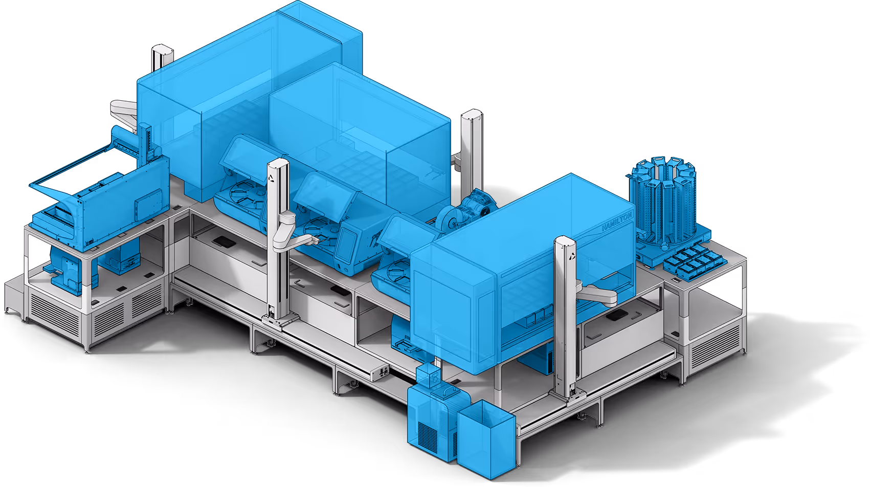 Isometric view of a modular laboratory automation system with multiple interconnected robotic and processing units highlighted in blue.